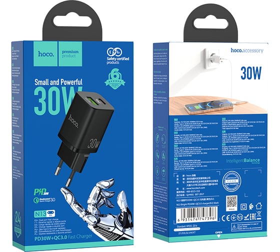Зарядное устройство Hoco N13 Bright PD30W+QC3.0 два порта 1*USB-A, 1*Type-C, черный 801173