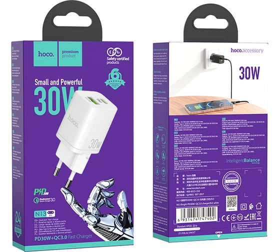 Зарядное устройство Hoco N13 Bright PD30W+QC3.0 два порта 1*USB-A, 1*Type-C, белый 801174
