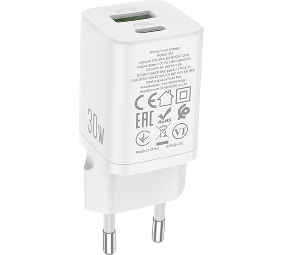 Зарядное устройство Hoco N13 Bright PD30W+QC3.0 два порта 1*USB-A, 1*Type-C, белый 801174