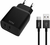 Сетевое зарядное устройство TFN 2 USB RAPID 2.4A + кабель TypeC, черный TFN-WCRPD12W2U03