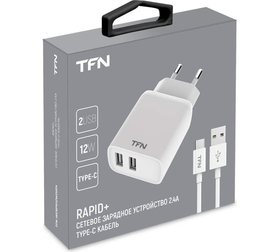 Сетевое зарядное устройство TFN 2 USB RAPID 2.4A + кабель TypeC, белый TFN-WCRPD12W2U04