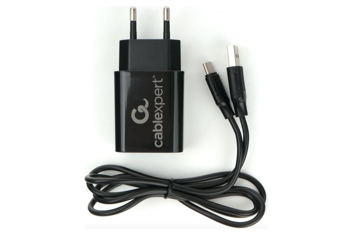  питания Cablexpert USB 2 порта, 2.4A, черный + кабель 1м Type-C .
