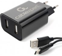 Адаптер питания Cablexpert USB 2 порта, 2.4A, черный + кабель 1м Type-C MP3A-PC-37