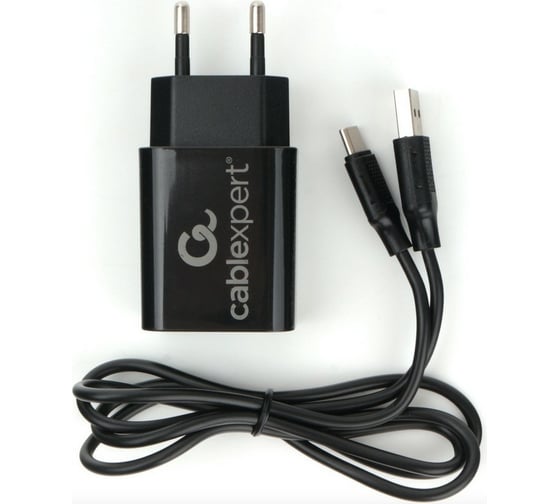 Адаптер питания Cablexpert USB 2 порта, 2.4A, черный + кабель 1м Type-C MP3A-PC-37