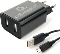 Адаптер питания Cablexpert USB 2 порта, 2.4A, черный + кабель 1м micro MP3A-PC-35