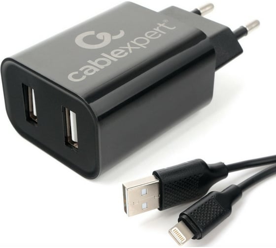 Адаптер питания Cablexpert USB 2 порта, 2.4A, черный + кабель 1м lightning MP3A-PC-36