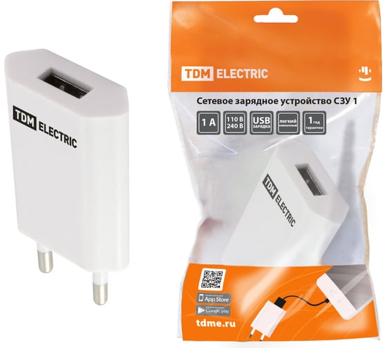 Сетевое зарядное устройство TDM ELECTRIC СЗУ 1, 1 А, 1 USB, белый, SQ1810-0001