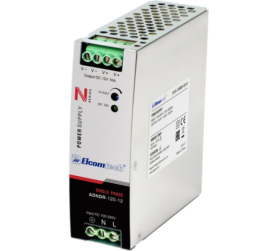 Блок питания на DIN рейку ELCOMTECH AC/DC 120W вход 100-240V, выход 12V 10A ADNDR-120-12 УТ-00035157 1