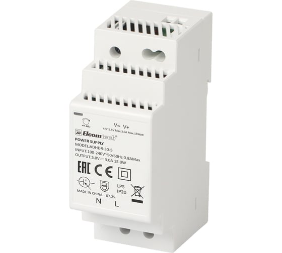 Блок питания на DIN рейку ELCOMTECH AC/DC 15W вход 100-240V, выход 5V 3A ADHDR-30-5 УТ-00038953 1