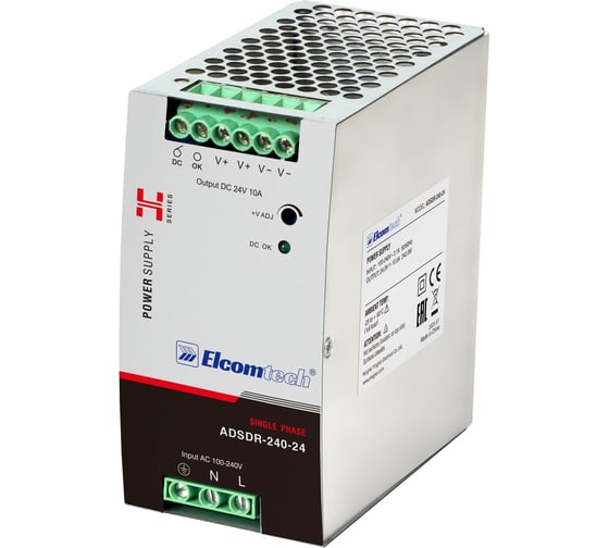 Блок питания на DIN рейку ELCOMTECH AC/DC 240W вход 100-240V, выход 24V 10A ADSDR-240-24 УТ-00038958 1