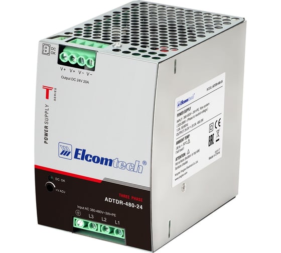 Блок питания на DIN рейку ELCOMTECH AC/DC 480W вход 340-550V, выход 24V 20A ADTDR-480-24 УТ-00035168 1