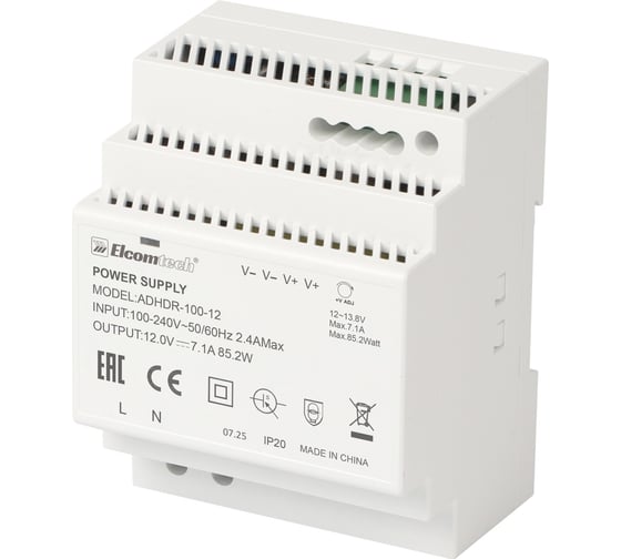 Блок питания на DIN рейку ELCOMTECH AC/DC 85W вход 100-240V, выход 12V 7,1A ADHDR-100-12 УТ-00038955 1