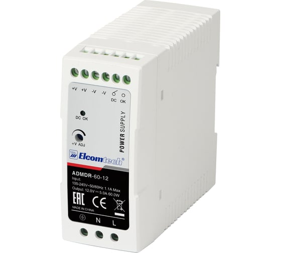 Блок питания на DIN рейку ELCOMTECH AC/DC 60W вход 100-240V, выход 12V 5A ADMDR-60-12 УТ-00035153 1