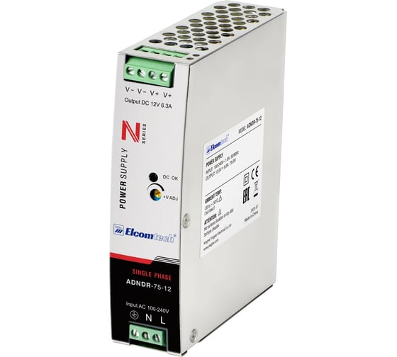 Блок питания на DIN рейку ELCOMTECH AC/DC 75,6W вход 100-240V, выход 12V 6,3A ADNDR-75-12 УТ-00035155 1
