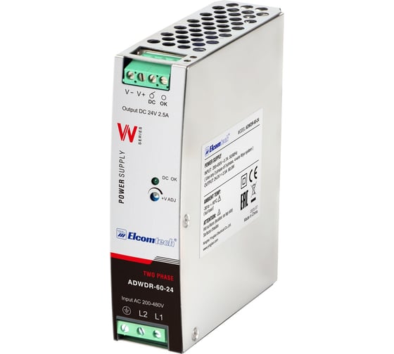 Блок питания на DIN рейку ELCOMTECH AC/DC 60W вход 200-500V, выход 24V 2,5A ADWDR-60-24 УТ-00035165 1