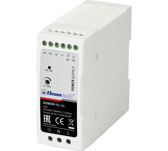 Блок питания на DIN рейку ELCOMTECH AC/DC 60W вход 100-240V, выход 24V 2,5A ADMDR-60-24 УТ-00035154 1