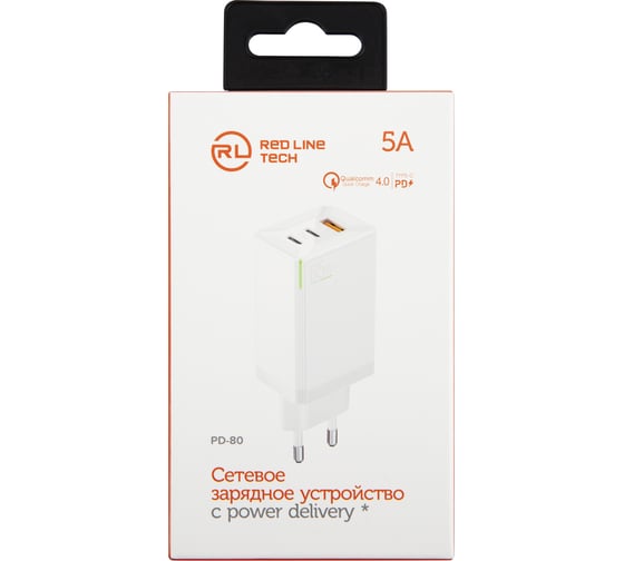 Сетевое зарядное устройство Red Line USB + 2 Type-C (PD-80), 5A, QC4.0 + PD65, белый, УТ000026763