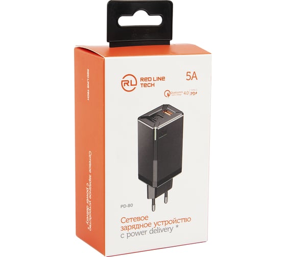 Сетевое зарядное устройство Red Line USB + 2 Type-C (PD-80), 5A, QC4.0 + PD65, черный, УТ000026764