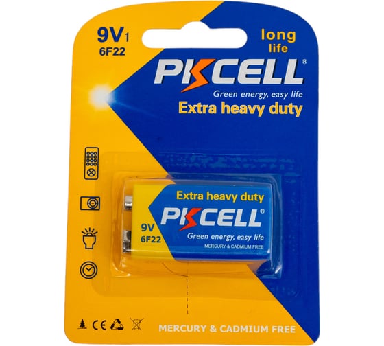 Солевой элемент питания PKCELL тип - 9VКрона 1 шт в блистере 6F22-1B
