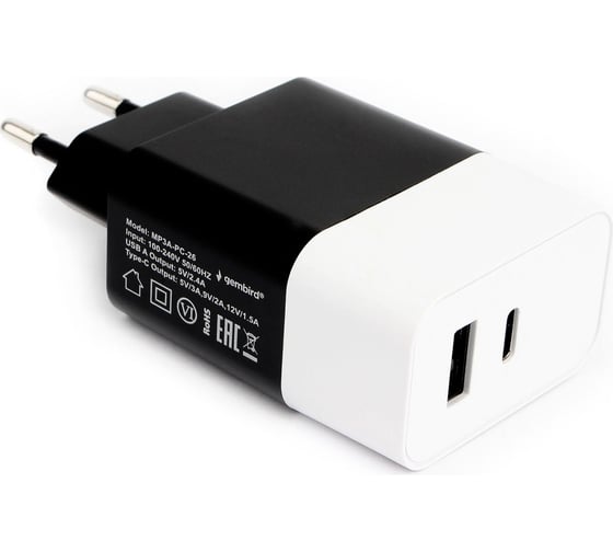 Адаптер питания Cablexpert MP3A-PC-26, PD18W Type C +2.4A, чёрный MP3A-PC-26