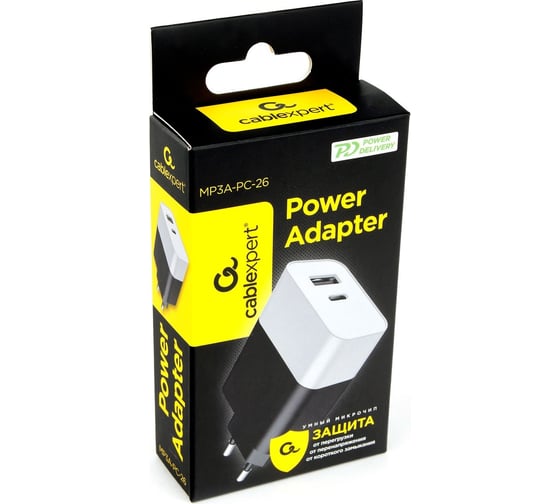 Адаптер питания Cablexpert MP3A-PC-26, PD18W Type C +2.4A, чёрный MP3A-PC-26