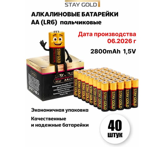 Батарейки алкалиновые АА STAY GOLD набор 40шт SG-AA-40