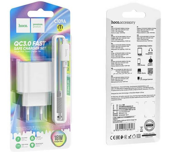 Блок питания (сетевой адаптер) Hoco C109A Fighter, QC3.0, 18W, с кабелем Micro-USB, белый 112788