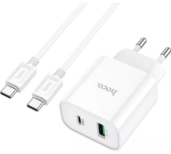 Блок питания (сетевой адаптер) Hoco C80A Plus с кабелем Type-C-Type-C, QC3.0, 20W, белый 112807