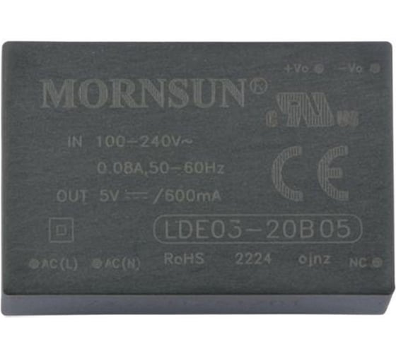 Блок питания на печатную плату MORNSUN LDE03-20B05, в кожухе, AC/DC 3 Вт 5 В, изолированный, залитый компаундом, универсальный вход 3152116