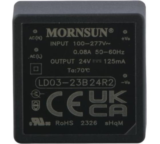 Блок питания на печатную плату MORNSUN LD03-23B24R2, в кожухе, AC/DC 3 Вт 24 В, изолированный, залитый компаундом, низкий уровень шумов и пульсаций 3680702