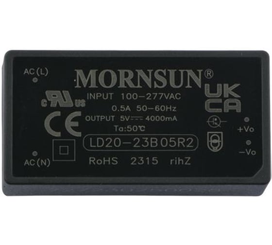 Блок питания на печатную плату MORNSUN LD20-23B05R2, в кожухе, AC/DC 20 Вт 5 В, изолированный, залитый компаундом, низкий уровень шумов и пульсаций 3951835