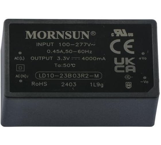 Блок питания на печатную плату MORNSUN LD10-23B03R2-M, в кожухе, AC/DC 10 Вт 3.3 В, изолированный, залитый компаундом, низкий уровень шумов и пульсаций 3682020