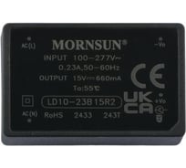 Блок питания на печатную плату MORNSUN LD10-23B15R2, в кожухе, AC/DC 10 Вт 15 В, изолированный, залитый компаундом, низкий уровень шумов и пульсаций 3680706