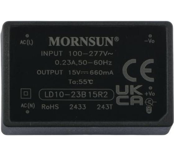 Блок питания на печатную плату MORNSUN LD10-23B15R2, в кожухе, AC/DC 10 Вт 15 В, изолированный, залитый компаундом, низкий уровень шумов и пульсаций 3680706