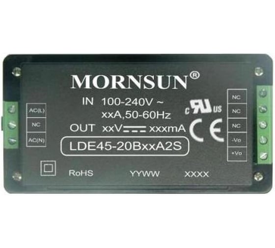 Блок питания на шасси MORNSUN LDE45-20B12A2S, в кожухе, AC/DC 45 Вт 12 В, изолированный, залитый компаундом, низкий уровень шумов и пульсаций 4290367