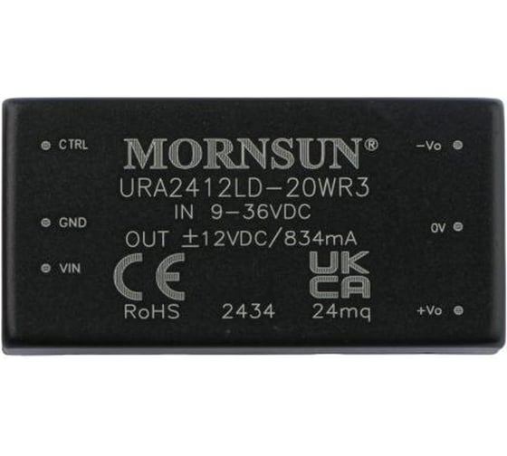 Блок питания MORNSUN URA2412LD-20WR3 на печатную плату, в корпусе 2X1INCH, DC/DC 20 Вт 12 В, -12 В, изолированный, широкий вход, биполярный выход 3152385