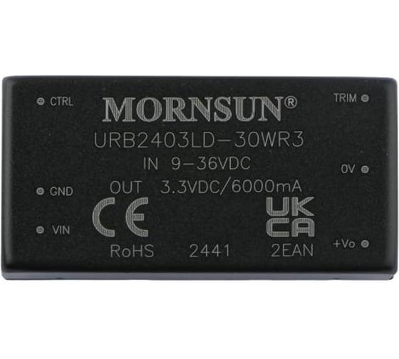 Блок питания MORNSUN URB2403LD-30WR3 на печатную плату, в корпусе 2X1INCH, DC/DC 30 Вт 3.3 В, изолированный, широкий вход, однополярный выход 3152447