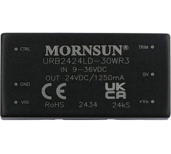 Блок питания MORNSUN URB2424LD-30WR3 на печатную плату, в корпусе 2X1INCH, DC/DC 30 Вт 24 В, изолированный, широкий вход, однополярный выход 3152505