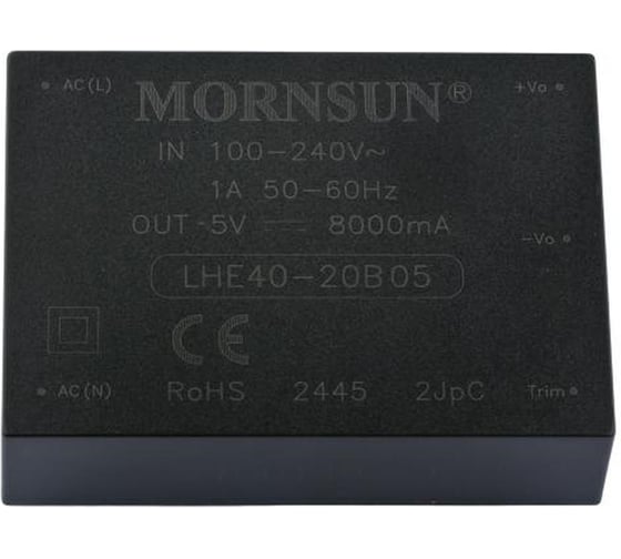 Блок питания MORNSUN LHE40-20B05 на печатную плату, в кожухе, AC/DC 40 Вт 5 В, изолированный, залитый компаундом, универсальный вход 3153513