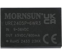 Блок питания MORNSUN URE2405P-6WR3 на печатную плату, DC/DC 6 Вт 5 В, -5 В, изолированный, широкий вход, биполярный выход 3152565