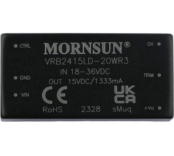 Блок питания MORNSUN VRB2415LD-20WR3 на печатную плату, DC/DC 20 Вт 15 В, изолированный, однополярный выход, стандартный корпус 3152802