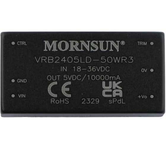 Блок питания MORNSUN VRB2405LD-50WR3 на печатную плату, DC/DC 50 Вт 5 В, изолированный, однополярный выход, стандартный корпус 4270297
