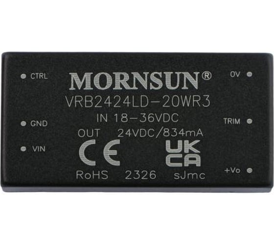 Блок питания MORNSUN VRB2424LD-20WR3 на печатную плату, DC/DC 20 Вт 24 В, изолированный, однополярный выход, стандартный корпус 3152814