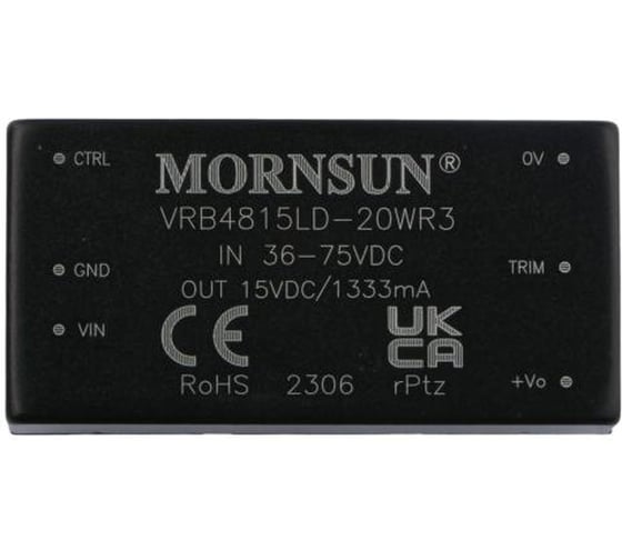 Блок питания MORNSUN VRB4815LD-20WR3 на печатную плату, DC/DC 20 Вт 15 В, изолированный, однополярный выход, стандартный корпус 3152859