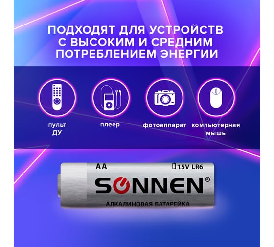 Батарейки SONNEN комплект 24 шт, Alkaline, АА LR6,15А, алкалиновые, пальчиковые, короб, 455095
