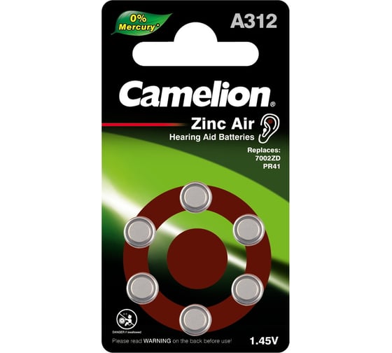 Батарейка для слуховых аппаратов CAMELION Camelion ZA312 BL-6 Mercury Free (A312-BP6(0%Hg), PR41 1.4V) 12825