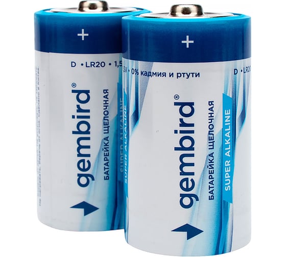 Батарейки щелочные/алкалиновые Gembird, тип D(LR20), 2шт, пленка GB-LR20-2F