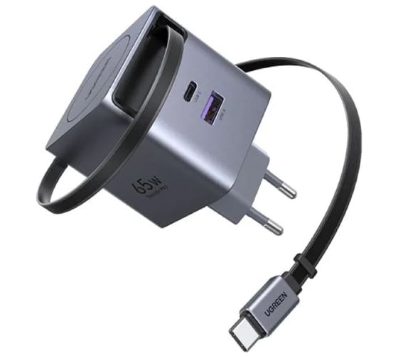 Сетевое зарядное устройство с выдвижным кабелем UGREEN X614 45W GaN Fast Charger USB-C&USB-A with Retractable Cable USB-C. Цвет: серый космос 65822_