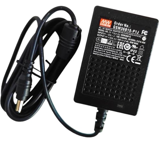Адаптер питания настольный MEAN WELL 15В 2,4А GSM36B15-P1J 36Вт разъем DC, с усиленной защитой, для портативных медицинских устройств, LED-индикатор сети, длина кабеля 1 1329762