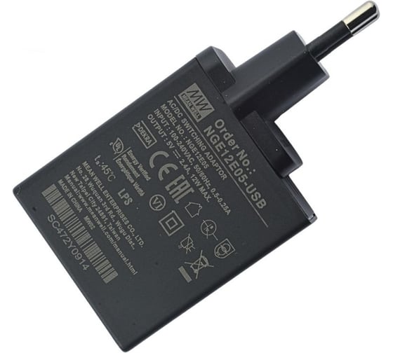 Адаптер питания MEAN WELL 5 В 2.4 А NGE12E05-USB 12 Вт в розетку с USB-выходом, 2-х контактная вилка, защита по II классу, для бытовых, офисных, промышленных устройств, 6118870